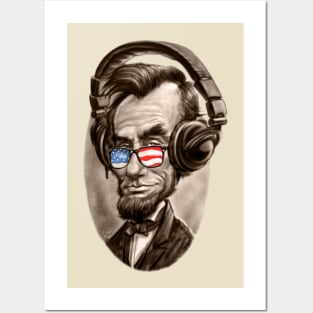 Abe Lincoln With Music Headphones and Stars and Stripes Sunglasses Posters and Art